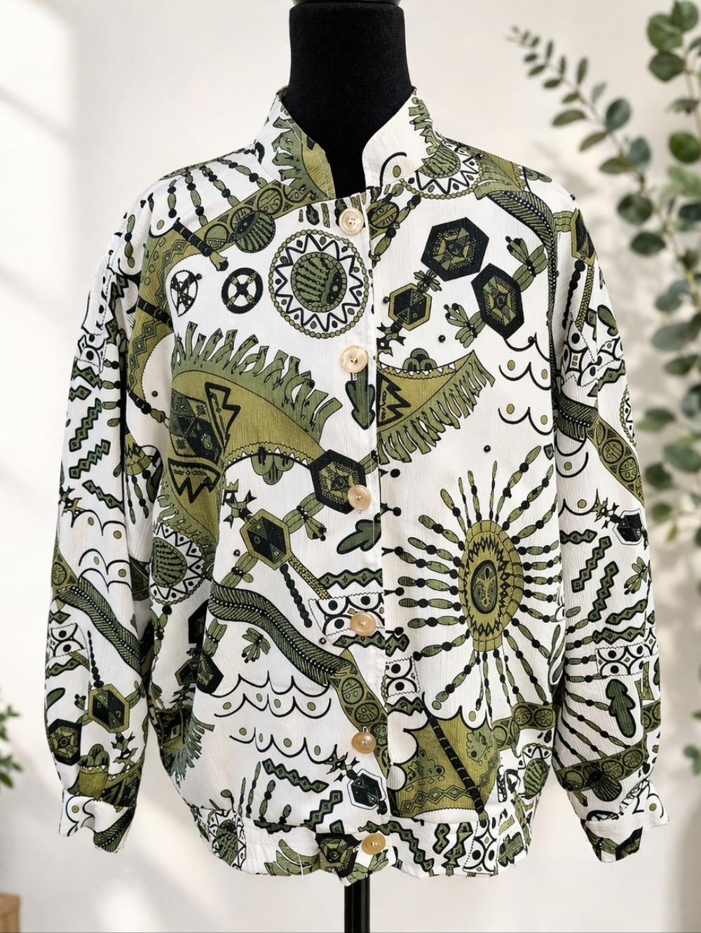Vintage Late 1980s Joyce Abstract Tribal Print Button Up Jacket Retro Size 10